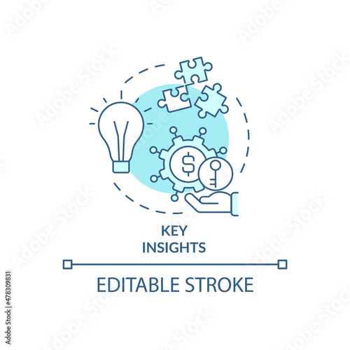 Key insights turquoise concept icon. Identifying cost savings abstract idea thin line illustration. Analyzing data. Isolated outline drawing. Editable stroke. Roboto-Medium, Myriad Pro-Bold fonts used