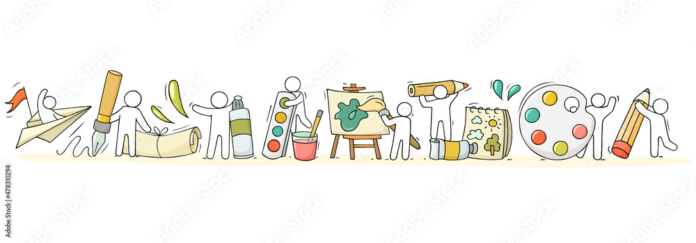 Sketch of art class with working little people Sketch of art class with working little people