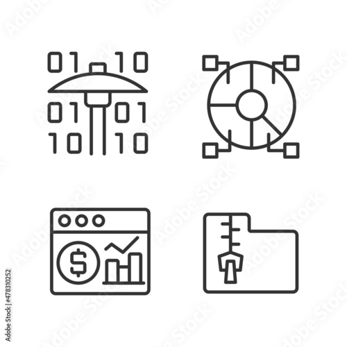 Financial data mining linear perfect pixel icons set. Processing digital information. Research new development ways. Customizable thin line contour symbols. Isolated vector outline illustrations