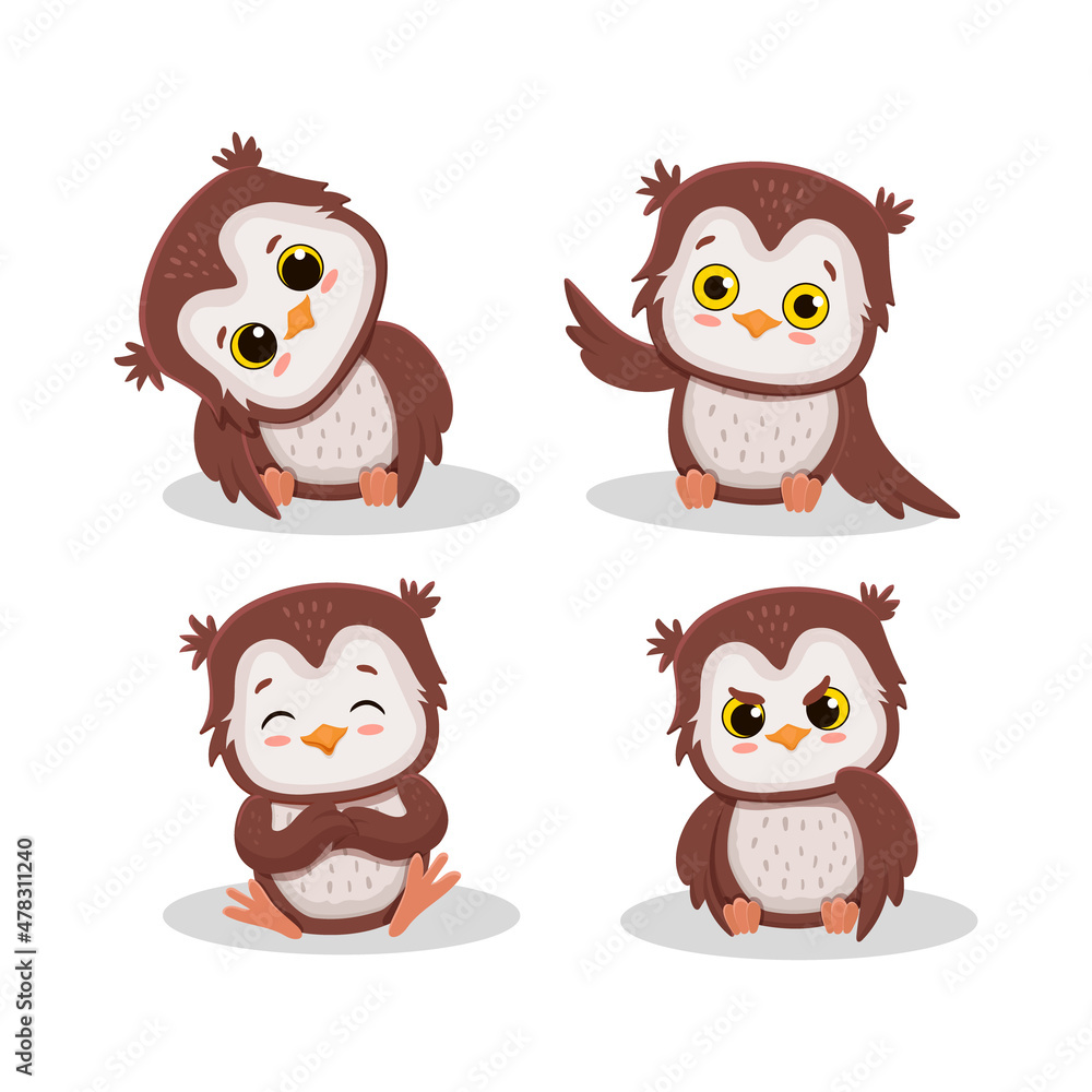 Cartoon illustration of owl character with different poses and emotions Cartoon illustration of owl character with different poses and emotions