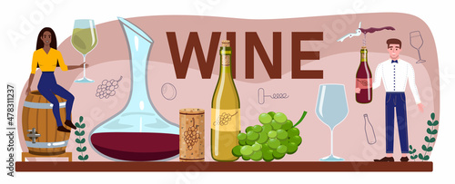 Wine typographic header. Grape wine in a bottle and glass