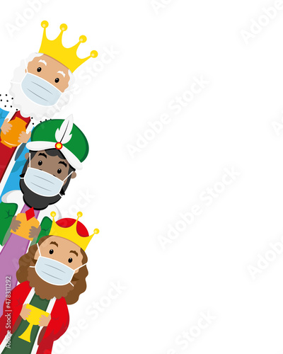 The three Wise Men from the east with an anti covid-19 mask. Poster with space for text	
