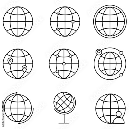 Set of linear icons related to the world and network.