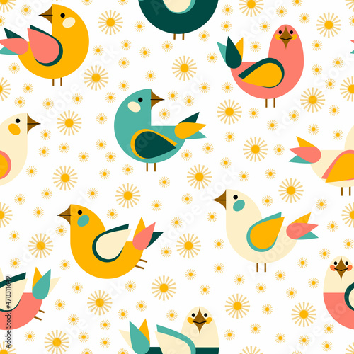 Seamless pattern with geometric minimalist birds and small golden stars. Cartoon birds flying and sitting. Vector pattern