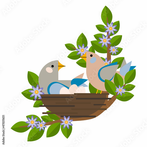 Two birds sit in a nest on the branches of a tree. Eggs and chicks. Geometric vector composition for spring and Easter