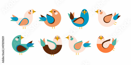 Set of geometric minimalistic vector birds. Cartoon birds flying and sitting © AnnstasAg