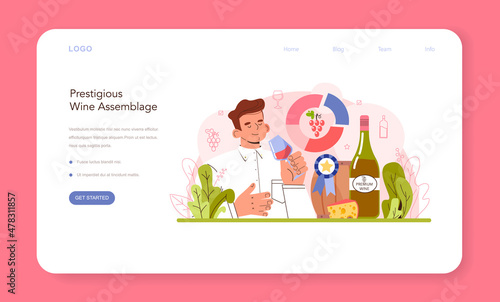 Wine production web banner or landing page. Wine aging in a wood barrel