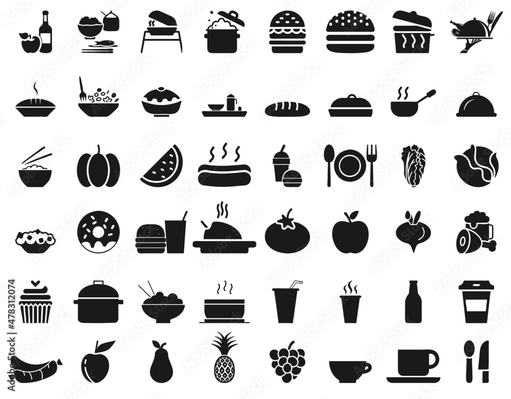 Set of icons of food, fruit, meat, drinks, meal