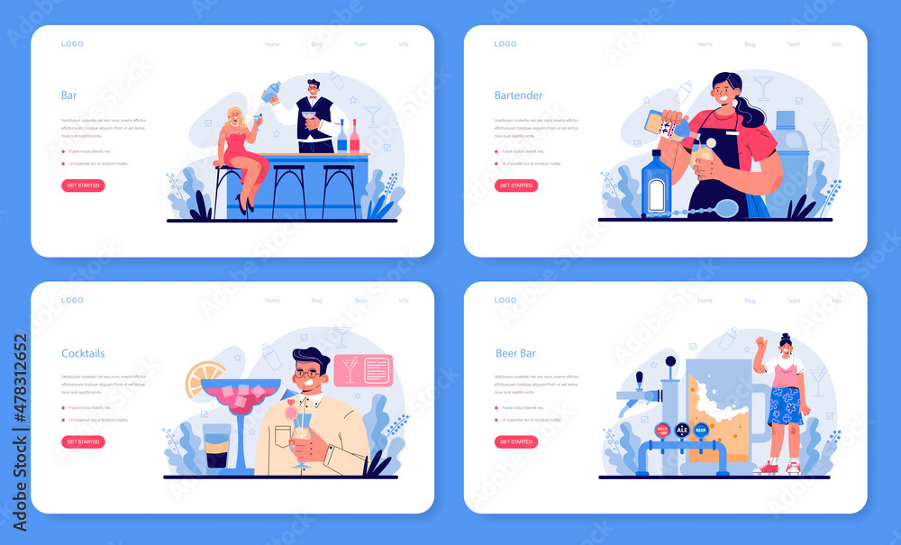 Bartender web banner or landing page set. Barman preparing alcoholic Bartender web banner or landing page set. Barman preparing alcoholic