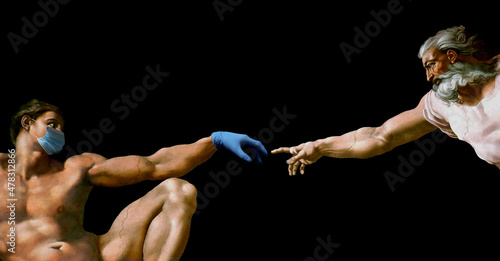 Foto Adam in a medical face mask and gloves at moment of touching hand of God