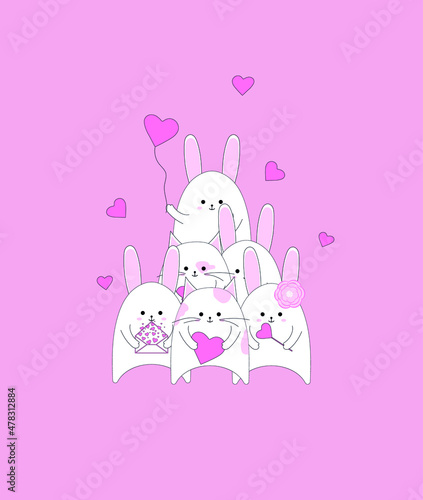 hares and cats in the pyramid. white hares stand on top of each other. card for valentine's day. vector illustration, eps 10.