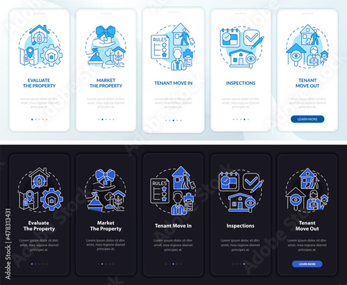 Realty operations night and day mode onboarding mobile app screen. Work walkthrough 5 steps graphic instructions pages with linear concepts. UI, UX, GUI template. Myriad Pro-Bold, Regular fonts used