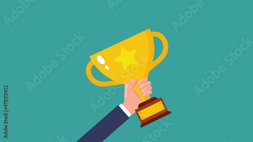 Hand of businessman holding trophy cup animation.4K Video motion Animation.