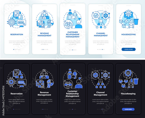 Modules of property night and day mode onboarding mobile app screen. Tech walkthrough 5 steps graphic instructions pages with linear concepts. UI  UX  GUI template. Myriad Pro-Bold  Regular fonts used