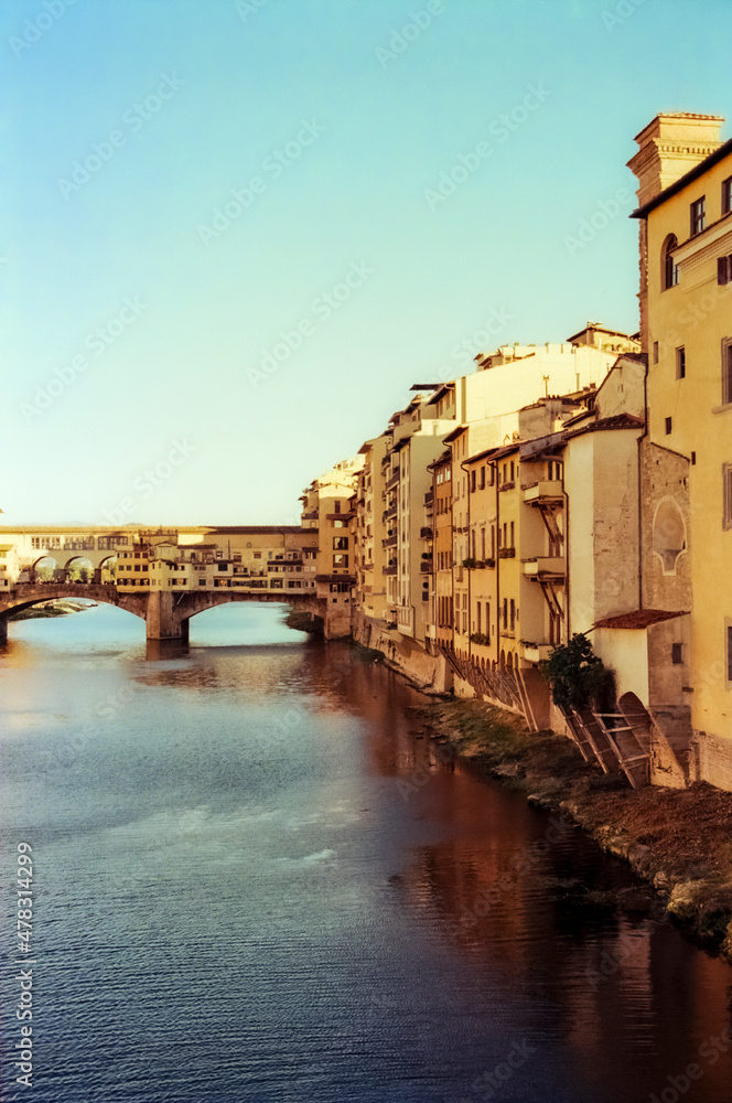 Sunset on the Arno river and bridges in Florence, shot with analogue film technique
