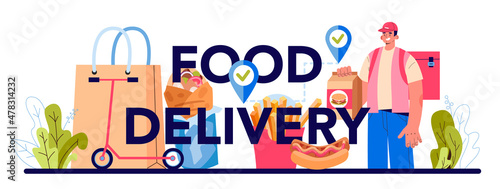 Food delivery typographic header. Courier in uniform with a papper