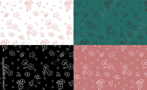 ペン画の桜　パターン背景装飾イラストセット　壁紙