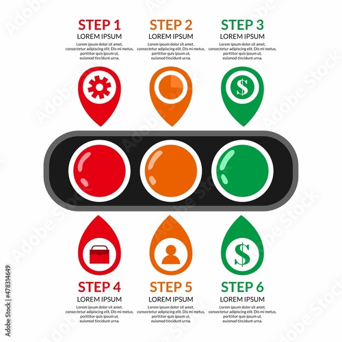 Infographic traffic light with business icon in Cartoon with symbol in yellow, red, and green color. stop, warning, and go sign, perfect for Illustration Vector Graphic presentation, campaign, poster