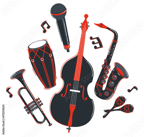 Jazz music band concept different instruments vector flat illustration isolated on white background, live sound festival or concert, musician different instruments set.