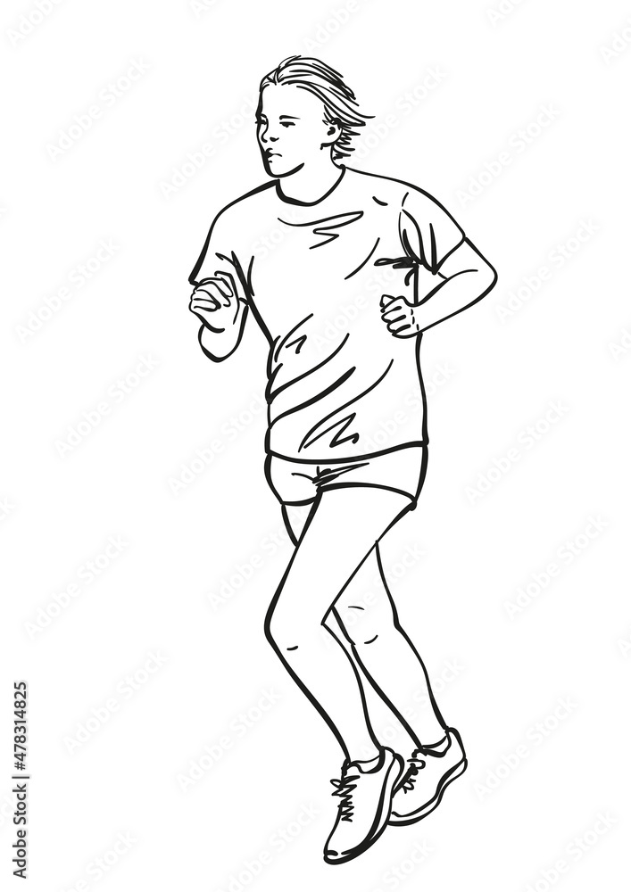 Sketch of running young woman, Hand drawn vector linear illustration