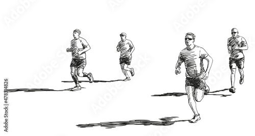 Sketch of running people with long shadow, Hand drawn vector illustration