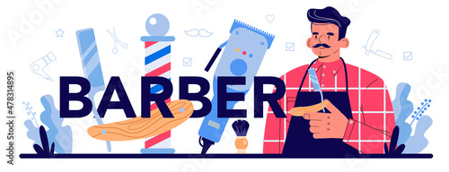 Barber typographic header. Idea of hair care in salon. Scissors and brush