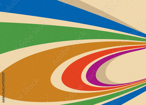 Linear vector abstract background in all colors of rainbow, retro style lines in 3D dimensional perspective, vintage poster art.