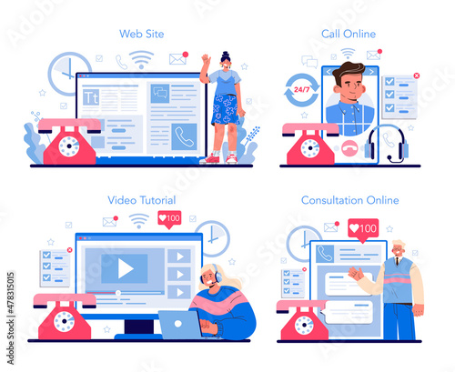 Call center or helpline online service or platform set. Support operator