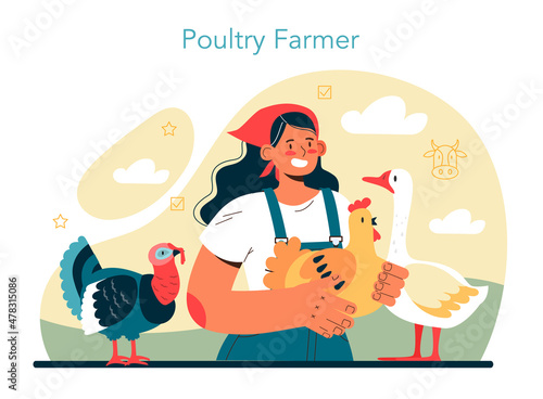 Poultry farm. Shepherd with a domestic birds. Herdsman taking care