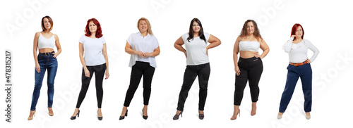 Set of full-length portraits of plus-size women wearing white t-shirt and jeans posing isolated on white studio background. Body positive concept