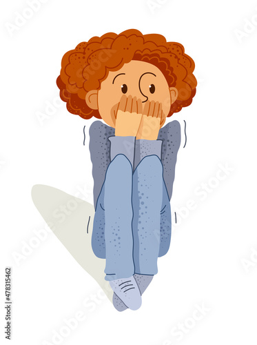 Scared kid boy feeling uncomfortable vector illustration, children phobia paranoia anxiety or other psychical and psychological problems concept, bad emotions.