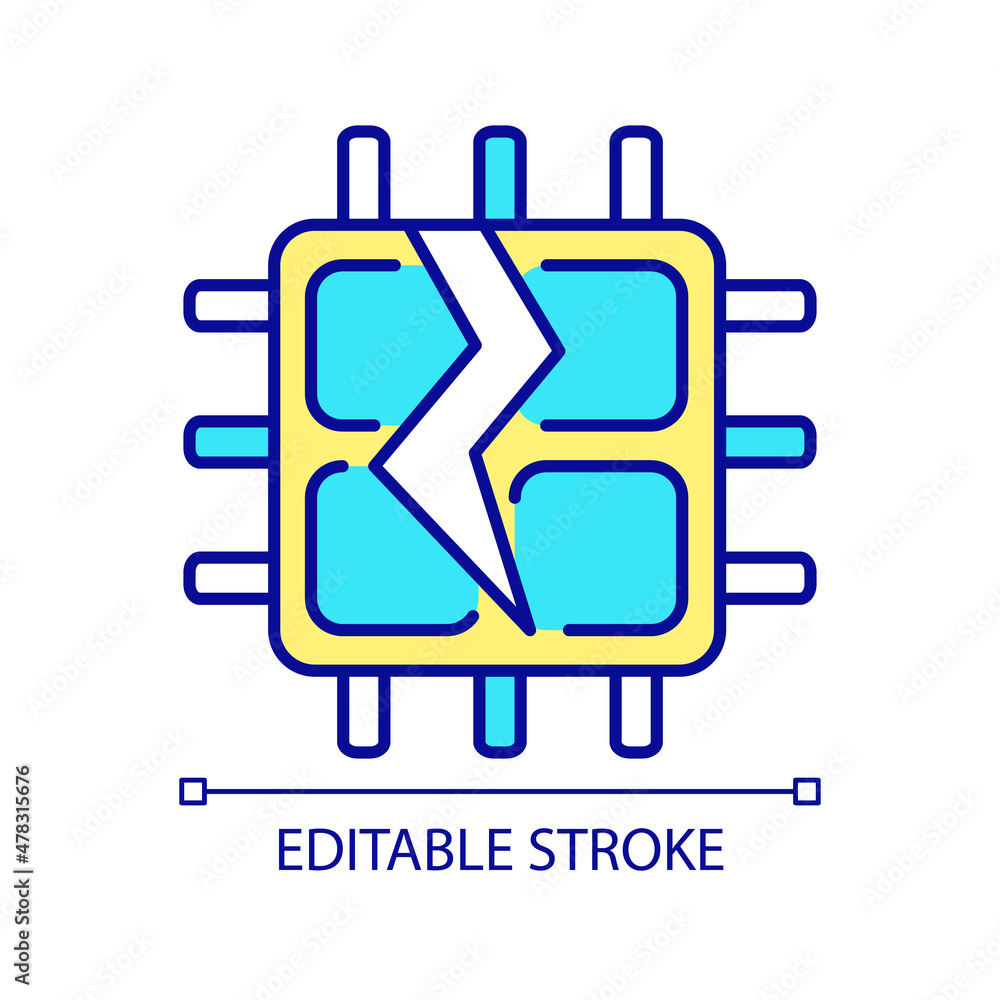 CPU breakage RGB color icon. Central processing unit. Microprocessor fracture. Computer hardware. Isolated vector illustration. Simple filled line drawing. Editable stroke. Arial font used CPU breakage RGB color icon. Central processing unit. Microprocessor fracture. Computer hardware. Isolated vector illustration. Simple filled line drawing. Editable stroke. Arial font used