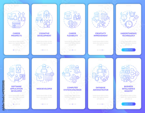 Coding concepts blue gradient onboarding mobile app screen set. Developer walkthrough 5 steps graphic instructions pages with linear concepts. UI, UX, GUI template. Myriad Pro-Bold, Regular fonts used