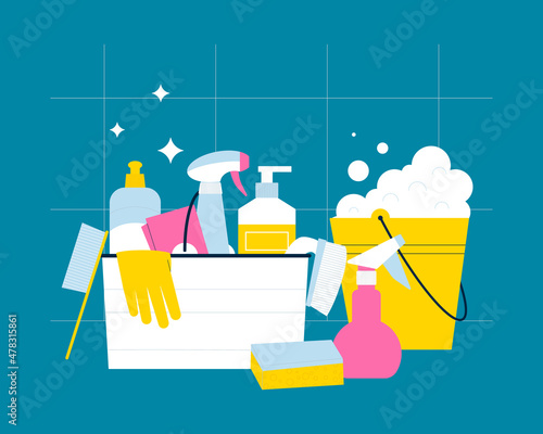 Cleaning supplies with sponge, brush, bucket and detergent bottles. Flat illustration of housekeeping products for professional cleanup.