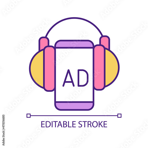 Podcast advertisement RGB color icon. Business promotion channel. Digital marketing strategy. Isolated vector illustration. Simple filled line drawing. Editable stroke. Arial font used