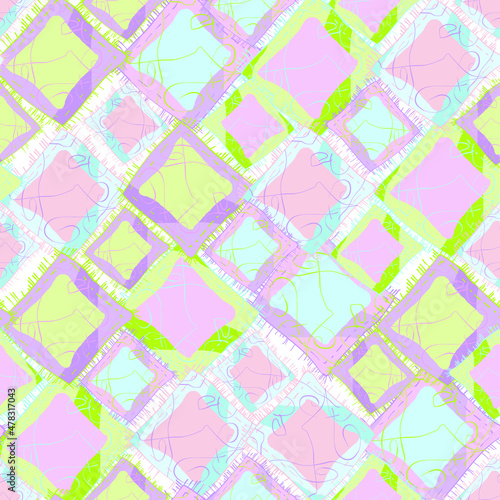 Seamless abstract background. The lines and rhombuses are pink, green and purple. Delicate, pastel colors. Hand-drawn graphics on a white background. Cute, neutral, minimalistic. © Irina