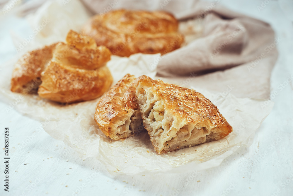 Puff pastry, vertuta or placinda baked goods with potatoes Puff pastry, vertuta or placinda baked goods with potatoes