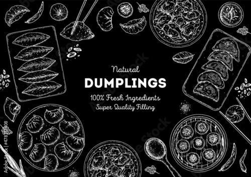 Dumplings top view frame. Food menu design template. Hand drawn vector illustration. Chinese dumplings. Vintage illustration. Hand drawn food sketch. Design template.