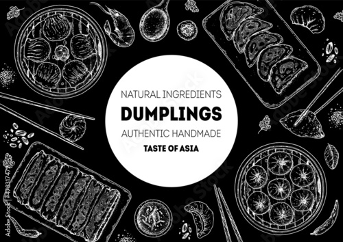 Dumplings top view frame. Food menu design template. Hand drawn vector illustration. Chinese dumplings. Vintage illustration. Hand drawn food sketch. Design template.
