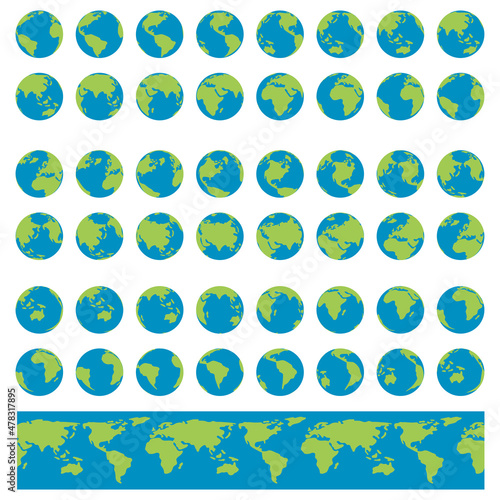 Earth Globes set. Planet Earth turnaround, rotation at different angles for animation