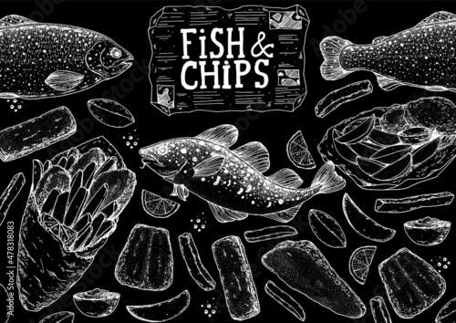 Fish and chips sketch vector illustration. British pub food. Hand drawn sketch. Cooking fish and chips. Engraved hand drawn vintage image. Menu design template.