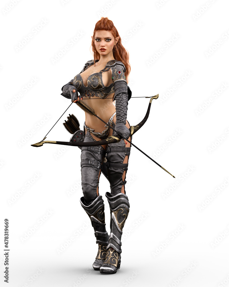 Sexy female dark elf archer fantasy character standing with arrow drawn in  her bow. 3D rendering isolated on white. Illustration Stock | Adobe Stock