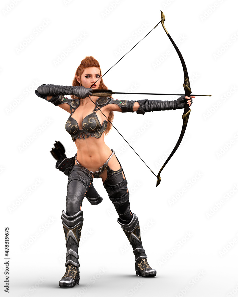 Fantasy female elf warrior standing ready to shoot an arrow from her bow. 3D rendering isolated on white. Fantasy female elf warrior standing ready to shoot an arrow from her bow. 3D rendering isolated on white.