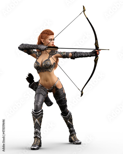 Fototapeta Beautiful red haired dark elf archer woman aiming an arrow at her target