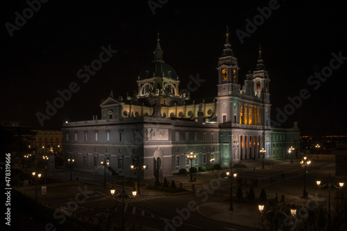 Madrid, Spain, October 2019 - view of the Cathedral Santa Maria la Real la Almudena by the night © Bernard Barroso
