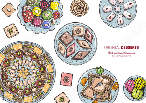 Oriental sweets vector illustration. Middle eastern food, hand drawn. Food menu background.