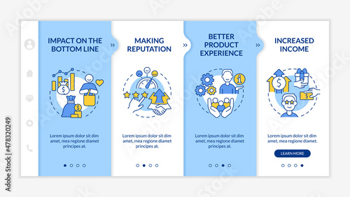 Benefits of customer service blue and white onboarding template. Responsive mobile website with linear concept icons. Web page walkthrough 4 step screens. Lato-Bold, Regular fonts used