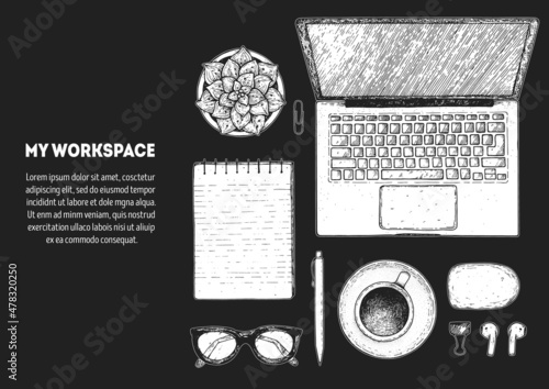 Office desk table top view sketch. Workspace with laptop, notebook, coffee cup, plant, pencil, pen, glasses, headphones. Hand drawn vector illustration. Business concept.
