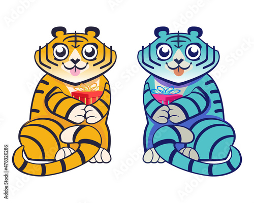 Cute cartoon striped red tiger. Tigers shows tongue and holds gift. Print for kids t-shirts, greeting cards, posters. Hand-drawn vector stock illustration isolated on white