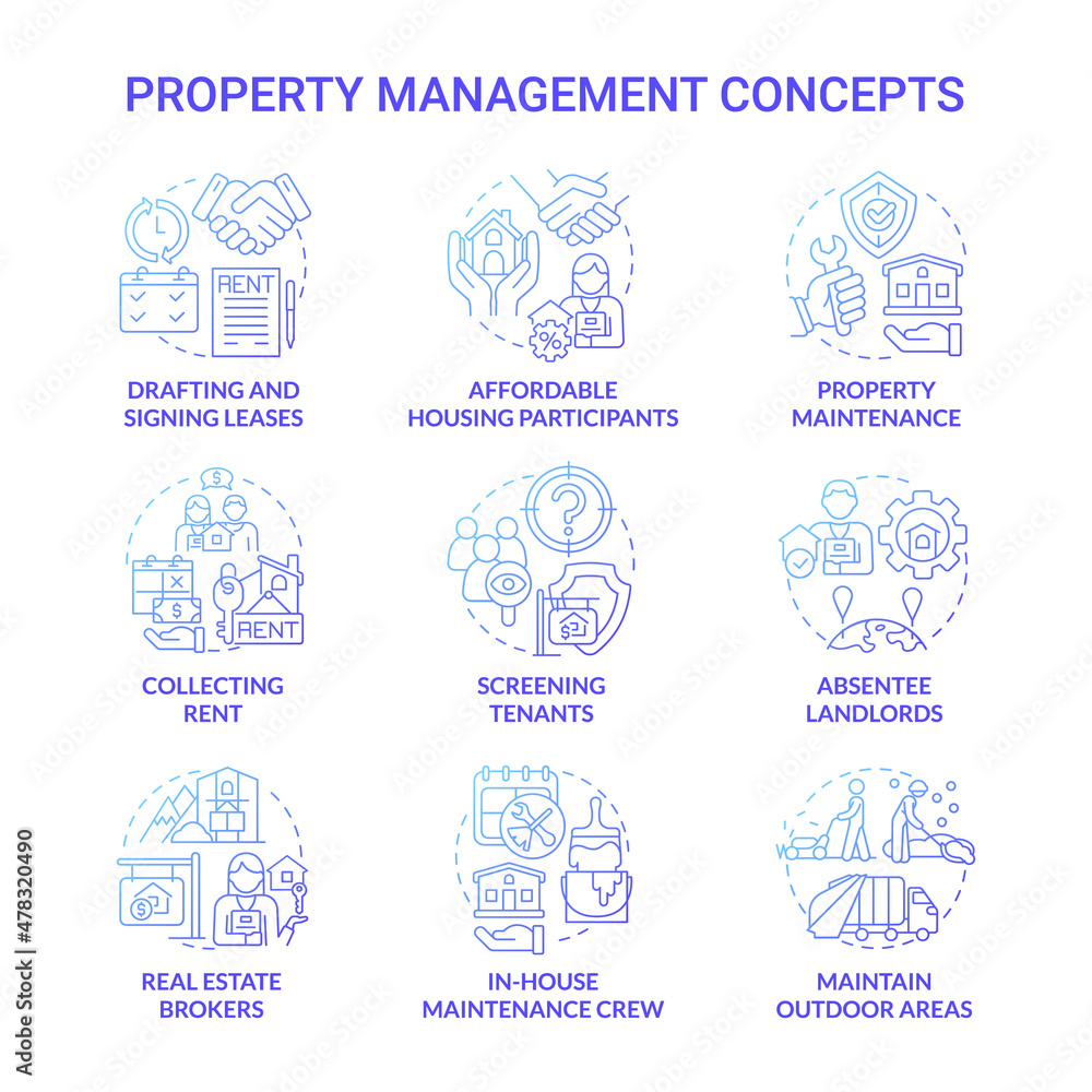 Property management blue gradient concept icons set. Real estate agency service idea thin line color illustrations. Isolated outline drawings. Roboto-Medium, Myriad Pro-Bold fonts used